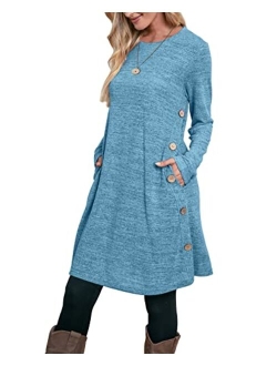 OFEEFAN Women's Long Sleeve Dress with Pockets Buttons Side