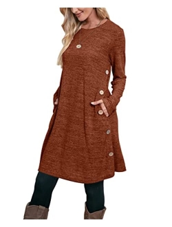 OFEEFAN Women's Long Sleeve Dress with Pockets Buttons Side