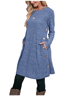 OFEEFAN Women's Long Sleeve Dress with Pockets Buttons Side