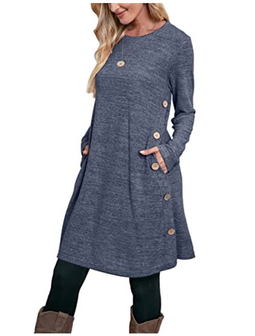 OFEEFAN Women's Long Sleeve Dress with Pockets Buttons Side