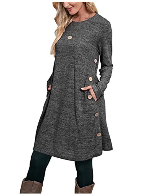 OFEEFAN Women's Long Sleeve Dress with Pockets Buttons Side