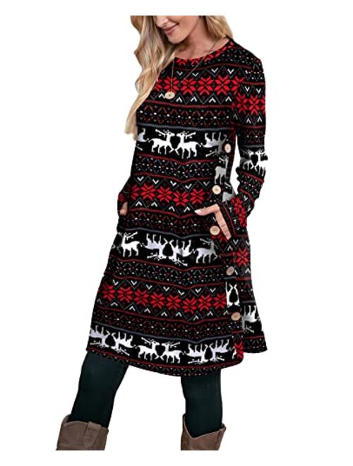 OFEEFAN Women's Long Sleeve Dress with Pockets Buttons Side