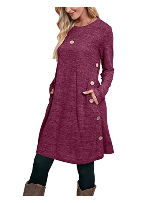 OFEEFAN Women's Long Sleeve Dress with Pockets Buttons Side