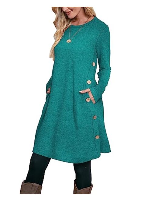 OFEEFAN Women's Long Sleeve Dress with Pockets Buttons Side