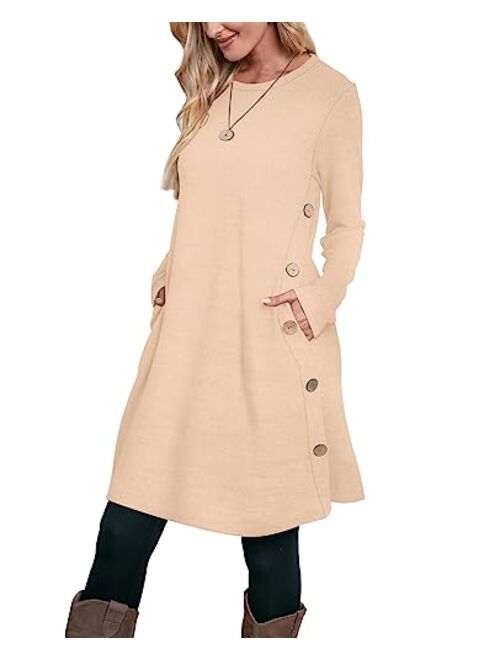 OFEEFAN Women's Long Sleeve Dress with Pockets Buttons Side