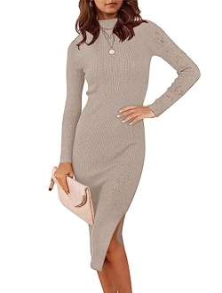 Women's 2023 Fall Long Sleeve Sweater Dress Turtleneck Slim Fit Ribbed Knit Slit Midi Dress