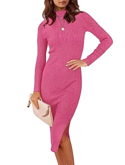 Women's 2023 Fall Long Sleeve Sweater Dress Turtleneck Slim Fit Ribbed Knit Slit Midi Dress