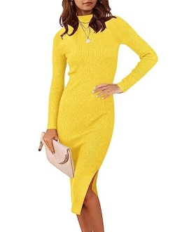 Women's 2023 Fall Long Sleeve Sweater Dress Turtleneck Slim Fit Ribbed Knit Slit Midi Dress