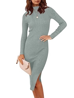 Women's 2023 Fall Long Sleeve Sweater Dress Turtleneck Slim Fit Ribbed Knit Slit Midi Dress