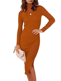 Women's 2023 Fall Long Sleeve Sweater Dress Turtleneck Slim Fit Ribbed Knit Slit Midi Dress