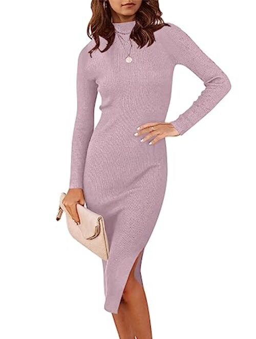 ANRABESS Women's 2023 Fall Long Sleeve Sweater Dress Turtleneck Slim Fit Ribbed Knit Slit Midi Dress