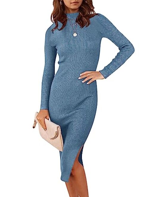 ANRABESS Women's 2023 Fall Long Sleeve Sweater Dress Turtleneck Slim Fit Ribbed Knit Slit Midi Dress