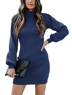 Caracilia Women Turtleneck Long Sleeve Knit Pullover Sweater Bodycon Mini Dress