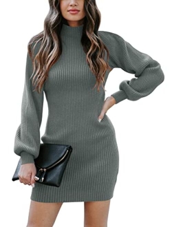 Caracilia Women Turtleneck Long Sleeve Knit Pullover Sweater Bodycon Mini Dress