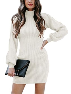 Caracilia Women Turtleneck Long Sleeve Knit Pullover Sweater Bodycon Mini Dress