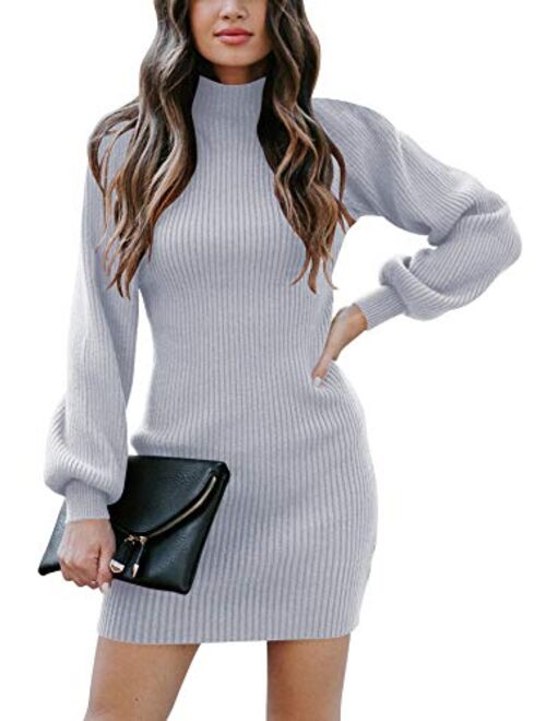 Caracilia Women Turtleneck Long Sleeve Knit Pullover Sweater Bodycon Mini Dress