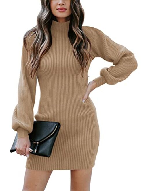 Caracilia Women Turtleneck Long Sleeve Knit Pullover Sweater Bodycon Mini Dress