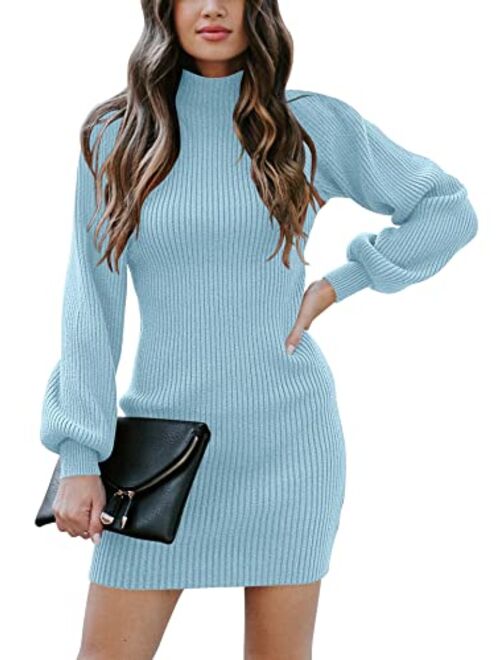 Caracilia Women Turtleneck Long Sleeve Knit Pullover Sweater Bodycon Mini Dress