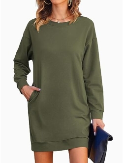 LuckyMore Womens Long Sleeve Crewneck Sweatshirt Tunic Tops Casual Lightweight Sweatshirt Dress with Pockets