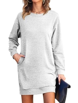 LuckyMore Womens Long Sleeve Crewneck Sweatshirt Tunic Tops Casual Lightweight Sweatshirt Dress with Pockets