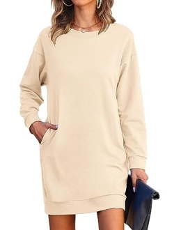 LuckyMore Womens Long Sleeve Crewneck Sweatshirt Tunic Tops Casual Lightweight Sweatshirt Dress with Pockets