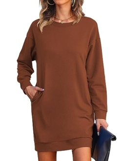 LuckyMore Womens Long Sleeve Crewneck Sweatshirt Tunic Tops Casual Lightweight Sweatshirt Dress with Pockets