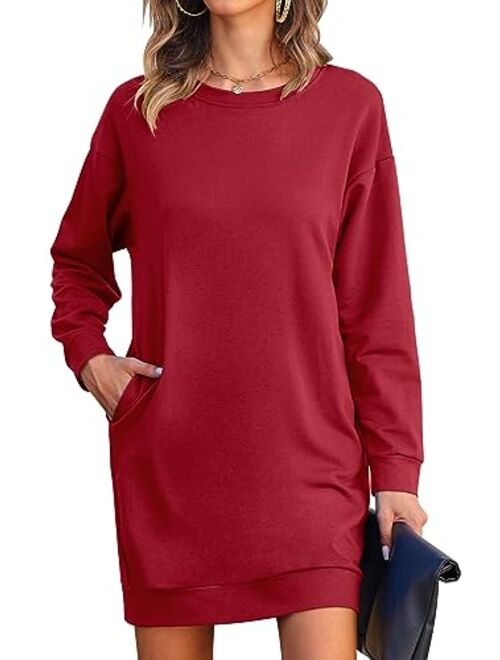 LuckyMore Womens Long Sleeve Crewneck Sweatshirt Tunic Tops Casual Lightweight Sweatshirt Dress with Pockets