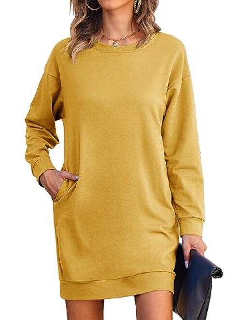 LuckyMore Womens Long Sleeve Crewneck Sweatshirt Tunic Tops Casual Lightweight Sweatshirt Dress with Pockets