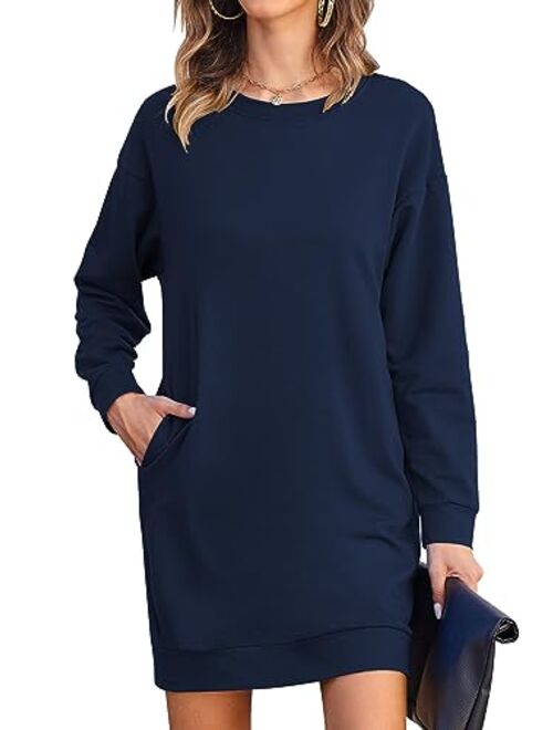 LuckyMore Womens Long Sleeve Crewneck Sweatshirt Tunic Tops Casual Lightweight Sweatshirt Dress with Pockets