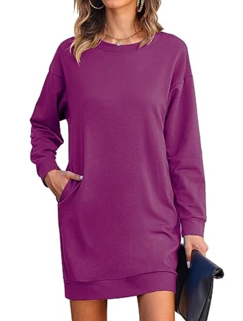 LuckyMore Womens Long Sleeve Crewneck Sweatshirt Tunic Tops Casual Lightweight Sweatshirt Dress with Pockets