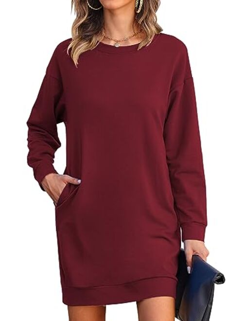 LuckyMore Womens Long Sleeve Crewneck Sweatshirt Tunic Tops Casual Lightweight Sweatshirt Dress with Pockets