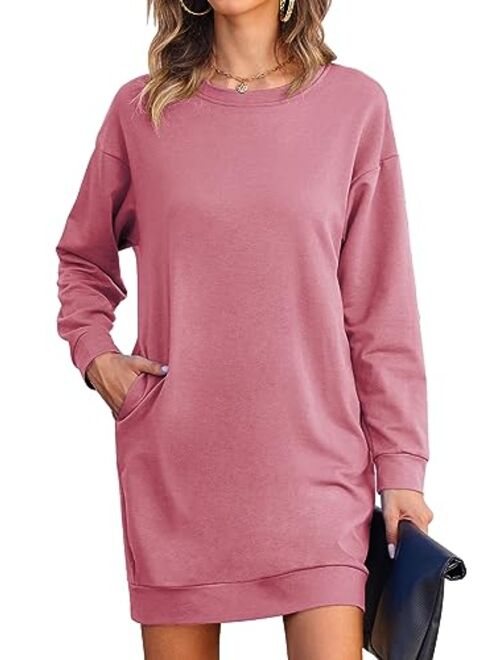 LuckyMore Womens Long Sleeve Crewneck Sweatshirt Tunic Tops Casual Lightweight Sweatshirt Dress with Pockets