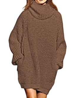 Sovoyontee Women's Long Sleeve Baggy Oversized Turtleneck Pullover Sweater Dress with Pockets