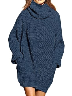 Sovoyontee Women's Long Sleeve Baggy Oversized Turtleneck Pullover Sweater Dress with Pockets