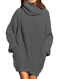 Sovoyontee Women's Long Sleeve Baggy Oversized Turtleneck Pullover Sweater Dress with Pockets