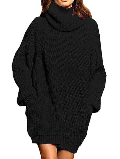 Sovoyontee Women's Long Sleeve Baggy Oversized Turtleneck Pullover Sweater Dress with Pockets