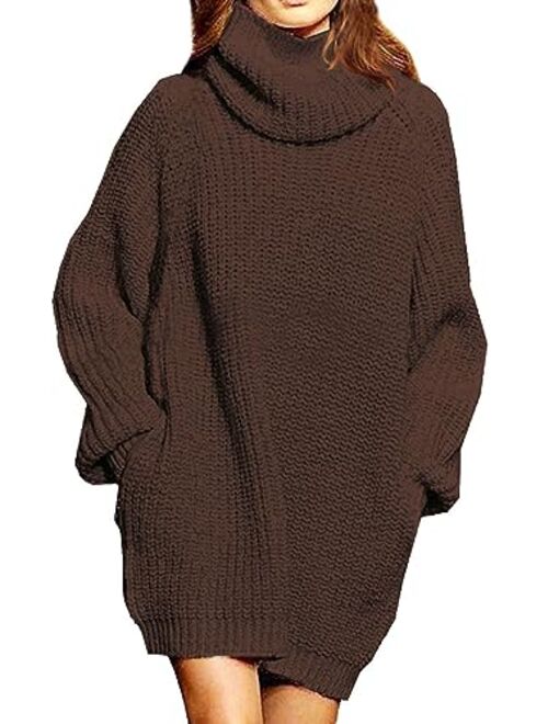 Sovoyontee Women's Long Sleeve Baggy Oversized Turtleneck Pullover Sweater Dress with Pockets