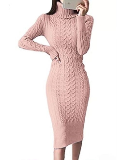 Fangetey Womens Long Sleeve Turtleneck Sweater Dresses Knitted Bodycon Midi Sheath Jumper Dresses