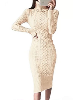 Fangetey Womens Long Sleeve Turtleneck Sweater Dresses Knitted Bodycon Midi Sheath Jumper Dresses