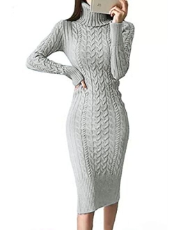 Fangetey Womens Long Sleeve Turtleneck Sweater Dresses Knitted Bodycon Midi Sheath Jumper Dresses