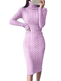 Fangetey Womens Long Sleeve Turtleneck Sweater Dresses Knitted Bodycon Midi Sheath Jumper Dresses