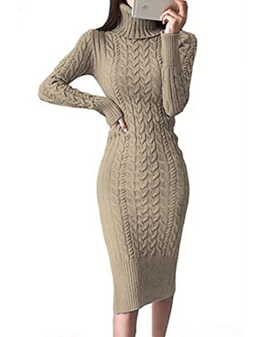 Fangetey Womens Long Sleeve Turtleneck Sweater Dresses Knitted Bodycon Midi Sheath Jumper Dresses