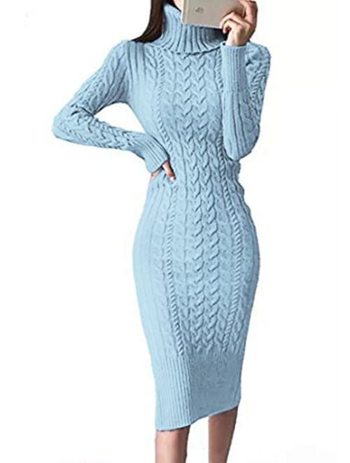 Fangetey Womens Long Sleeve Turtleneck Sweater Dresses Knitted Bodycon Midi Sheath Jumper Dresses