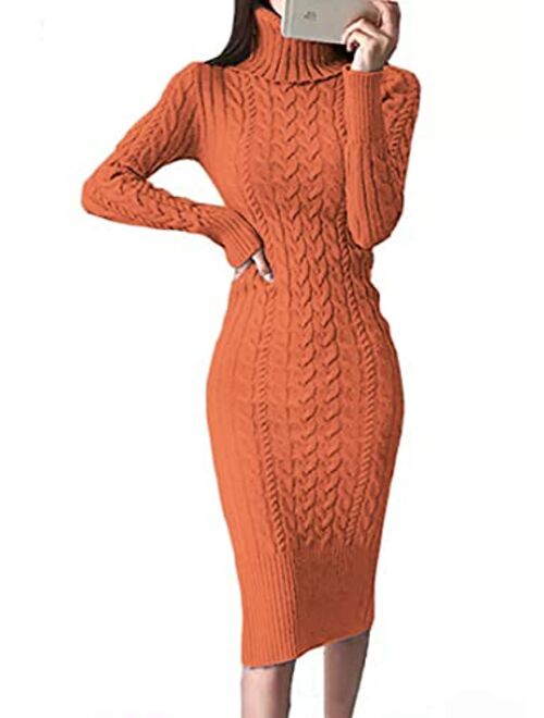 Fangetey Womens Long Sleeve Turtleneck Sweater Dresses Knitted Bodycon Midi Sheath Jumper Dresses