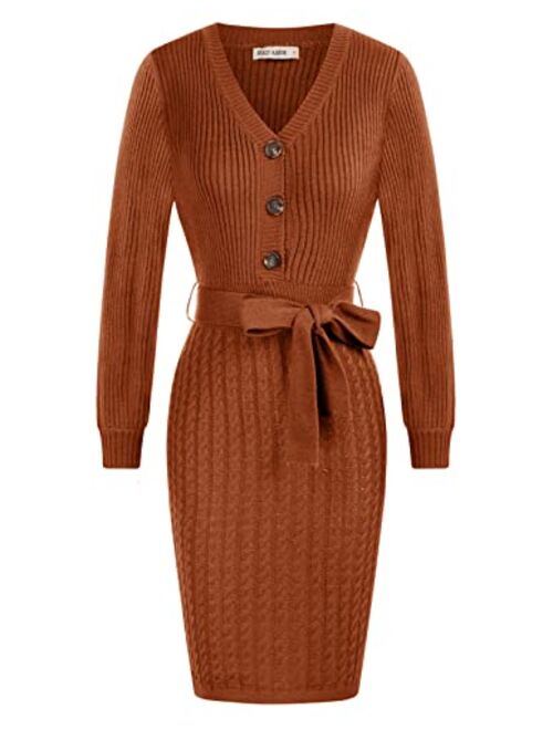 GRACE KARIN Women's Wrap V Neck Knitted Pullover Sweater Dress Long Sleeve Button Belt Bodycon Dress