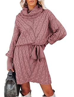 Womens Long Sleeve Color Block Sweater Dress Casual Loose Elasticity Winter Knit Pullover Dresses