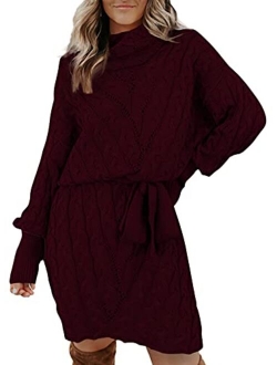 Womens Long Sleeve Color Block Sweater Dress Casual Loose Elasticity Winter Knit Pullover Dresses