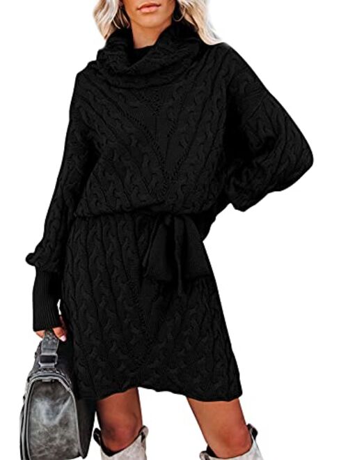 Dokotoo Womens Long Sleeve Color Block Sweater Dress Casual Loose Elasticity Winter Knit Pullover Dresses