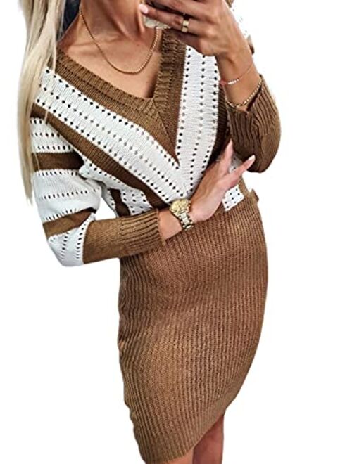 Dokotoo Womens Long Sleeve Color Block Sweater Dress Casual Loose Elasticity Winter Knit Pullover Dresses