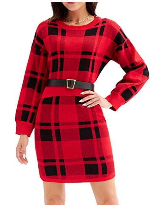 CURLBIUTY Women's Plaid Bodycon Sweater Dress Long Sleeve Knit Pullover Jumper Dresses